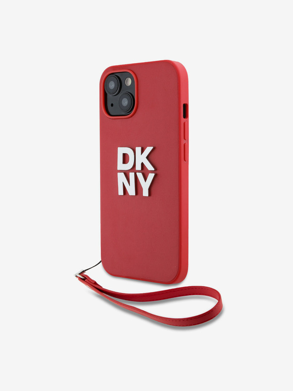 DKNY PU Leather Stack Logo Wrist Strap Zadní Kryt pro iPhone 14 Red DKNY