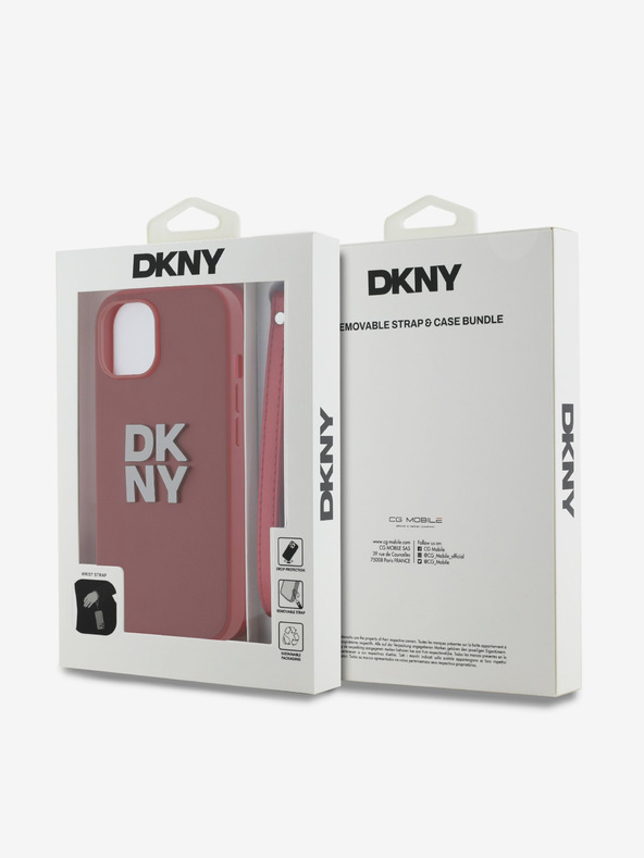 DKNY PU Leather Stack Logo Wrist Strap Zadní Kryt pro iPhone 14 Red DKNY