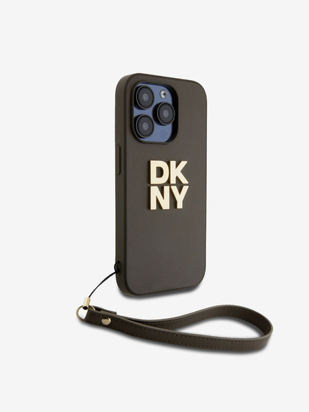 DKNY PU Leather Stack Logo Wrist Strap Zadní Kryt pro iPhone 14 Pro Brown DKNY