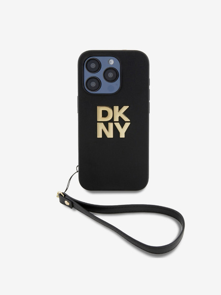 DKNY PU Leather Stack Logo Wrist Strap Zadní Kryt pro iPhone 14 Pro Black DKNY