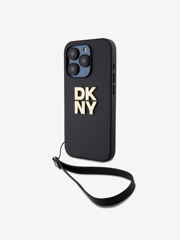 DKNY PU Leather Stack Logo Wrist Strap Zadní Kryt pro iPhone 14 Pro Black DKNY