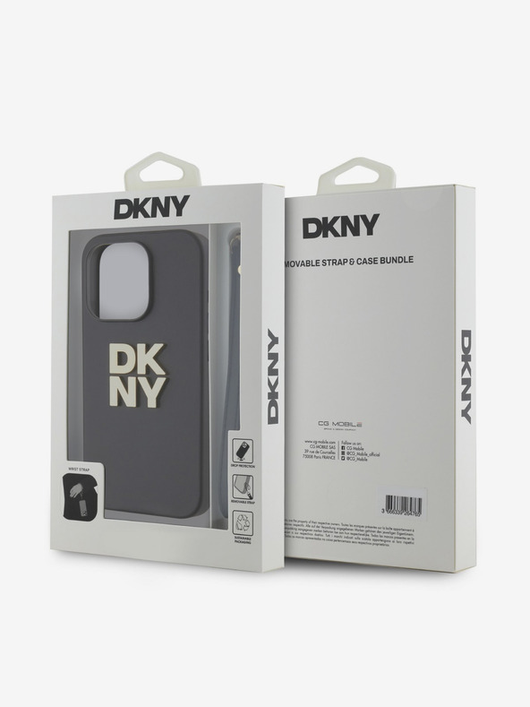 DKNY PU Leather Stack Logo Wrist Strap Zadní Kryt pro iPhone 14 Pro Black DKNY