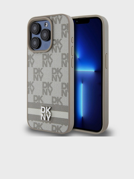DKNY PU Leather Checkered Pattern and Stripe Zadní Kryt pro iPhone 14 Pro Max Beige DKNY