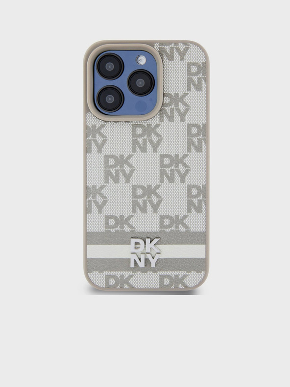 DKNY PU Leather Checkered Pattern and Stripe Zadní Kryt pro iPhone 14 Pro Max Beige DKNY