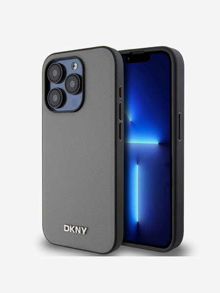 DKNY PU Leather Silver Metal Logo Magsafe Zadní Kryt pro iPhone 15 Pro Max Grey DKNY