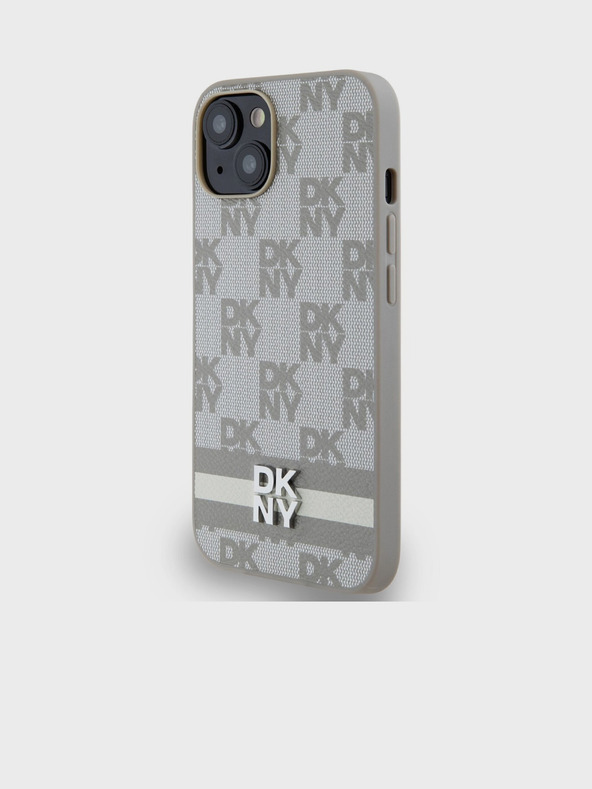DKNY PU Leather Checkered Pattern and Stripe Zadní Kryt pro iPhone 15 Beige DKNY