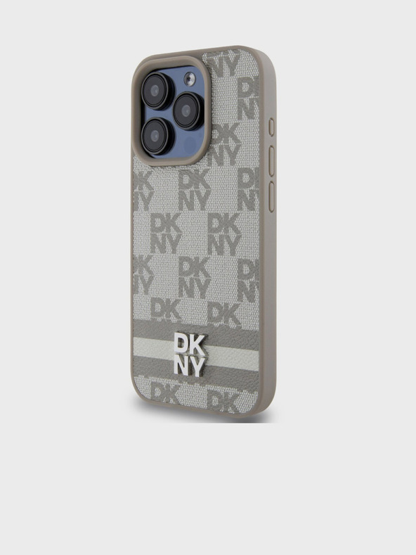 DKNY PU Leather Checkered Pattern and Stripe Zadní Kryt pro iPhone 15 Pro Beige DKNY