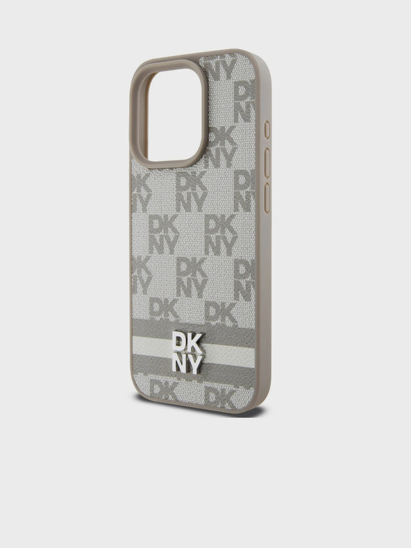 DKNY PU Leather Checkered Pattern and Stripe Zadní Kryt pro iPhone 15 Pro Beige DKNY