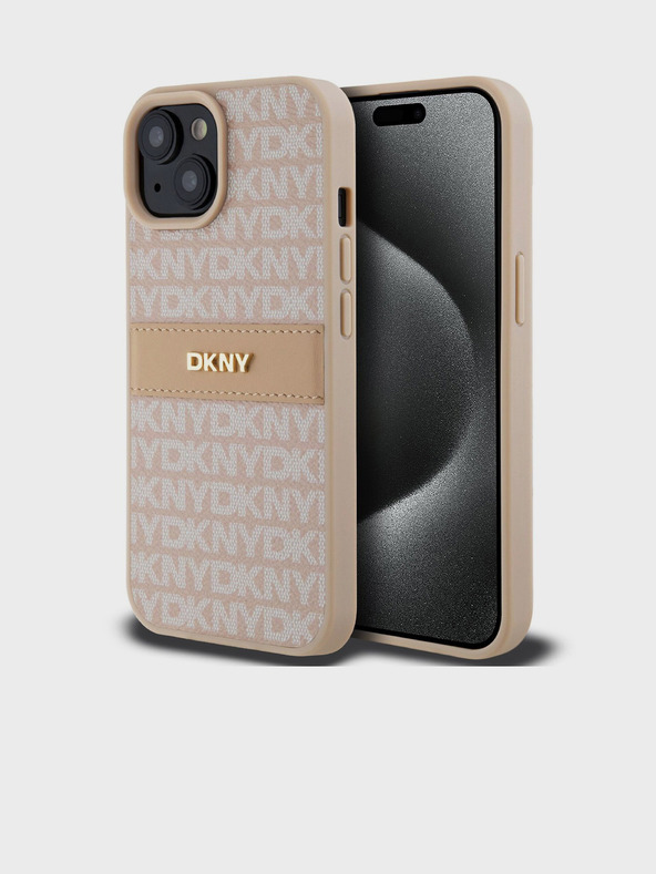 DKNY PU Leather Repeat Pattern Tonal Stripe Zadní Kryt pro iPhone 15 Pink DKNY