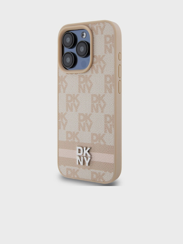 DKNY PU Leather Checkered Pattern and Stripe Zadní Kryt pro iPhone 15 Pro Pink DKNY