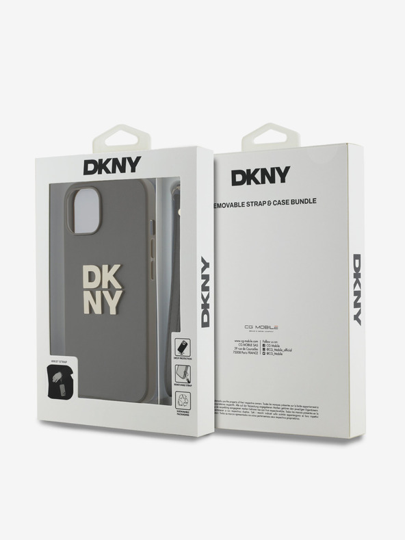 DKNY PU Leather Stack Logo Wrist Strap Zadní Kryt pro iPhone 13 Brown DKNY