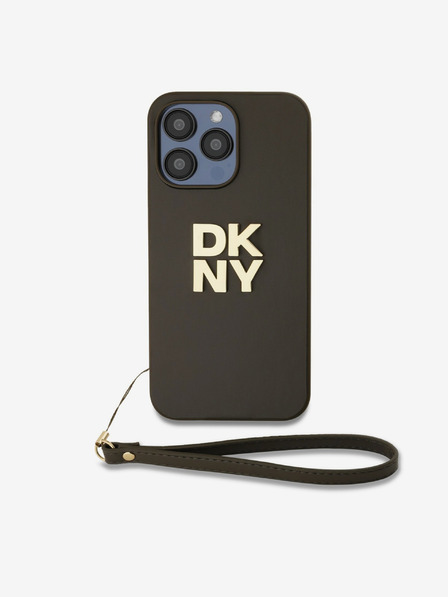 DKNY PU Leather Stack Logo Wrist Strap Zadní Kryt pro iPhone 14 Pro Max Brown DKNY