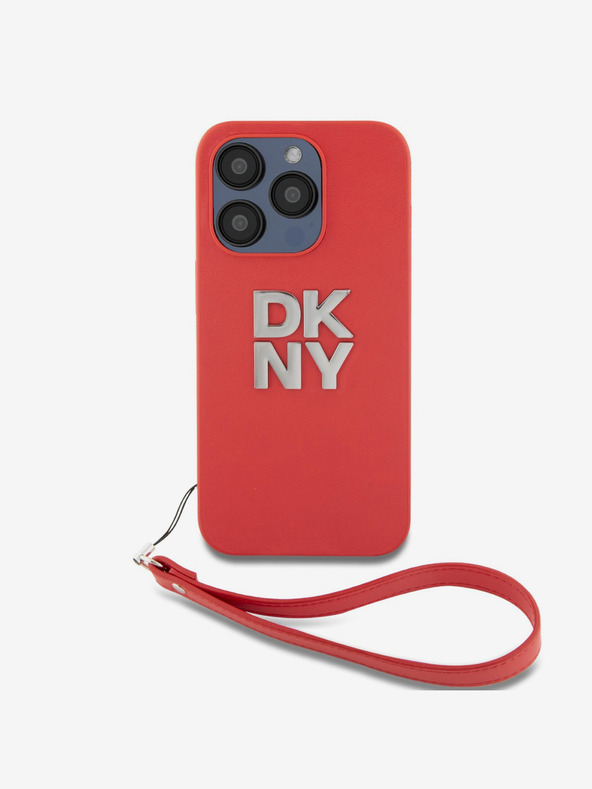 DKNY PU Leather Stack Logo Wrist Strap Zadní Kryt pro iPhone 15 Pro Red DKNY