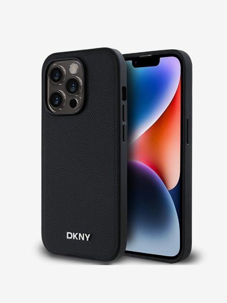 DKNY PU Leather Silver Metal Logo Magsafe Zadní Kryt pro iPhone 14 Pro Black DKNY