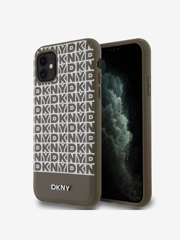 DKNY PU Leather Repeat Pattern Bottom Stripe MagSafe Zadní Kryt pro iPhone 11 Brown DKNY