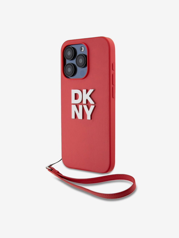 DKNY PU Leather Stack Logo Wrist Strap Zadní Kryt pro iPhone 15 Pro Max Red DKNY