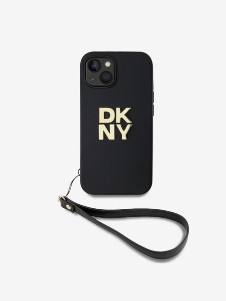 DKNY PU Leather Stack Logo Wrist Strap Zadní Kryt pro iPhone 13 Black DKNY