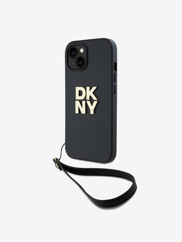 DKNY PU Leather Stack Logo Wrist Strap Zadní Kryt pro iPhone 13 Black DKNY