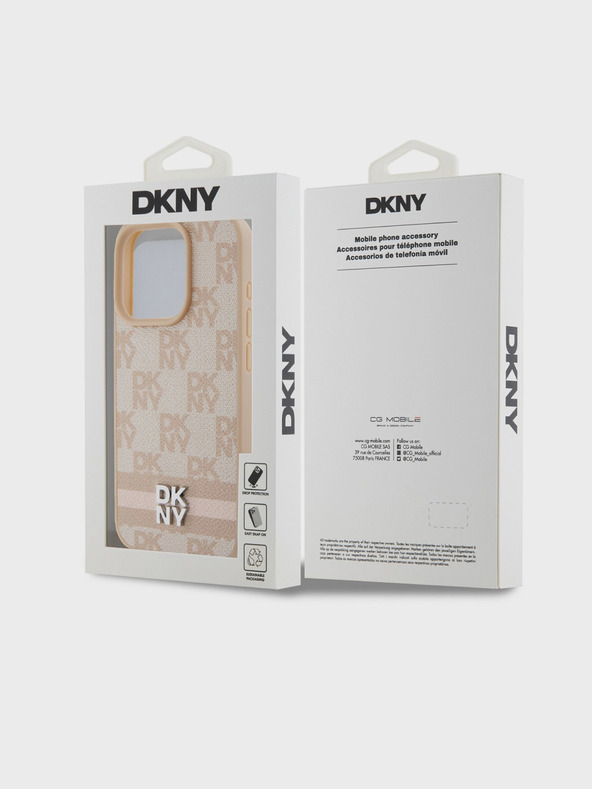 DKNY PU Leather Checkered Pattern and Stripe Zadní Kryt pro iPhone 14 Pro Pink DKNY