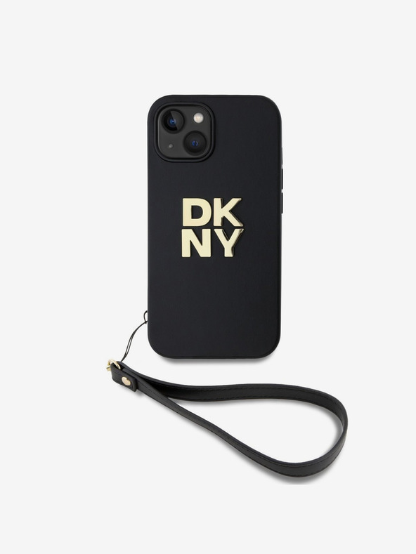 DKNY PU Leather Stack Logo Wrist Strap Zadní Kryt pro iPhone 14 Black DKNY