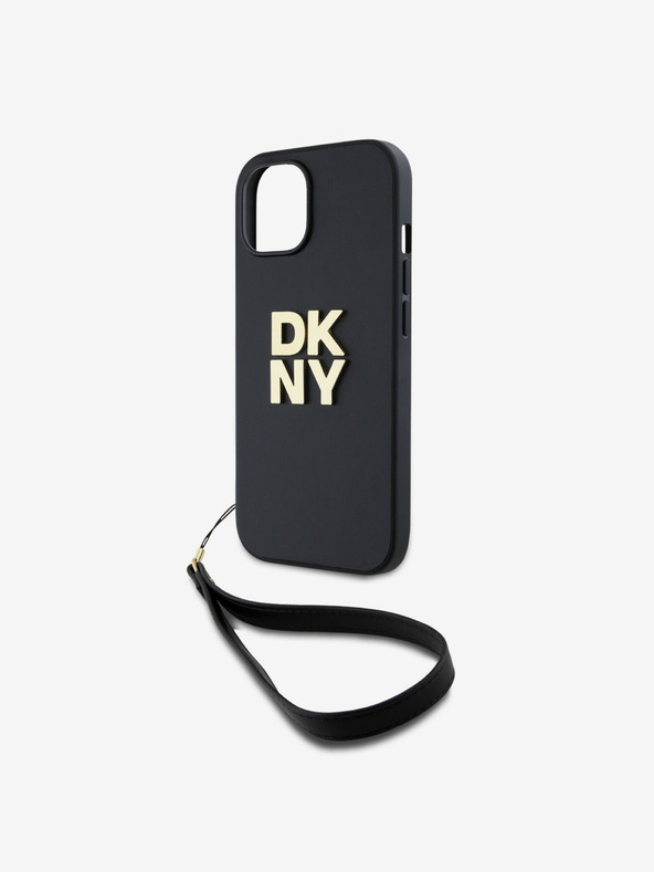 DKNY PU Leather Stack Logo Wrist Strap Zadní Kryt pro iPhone 14 Black DKNY