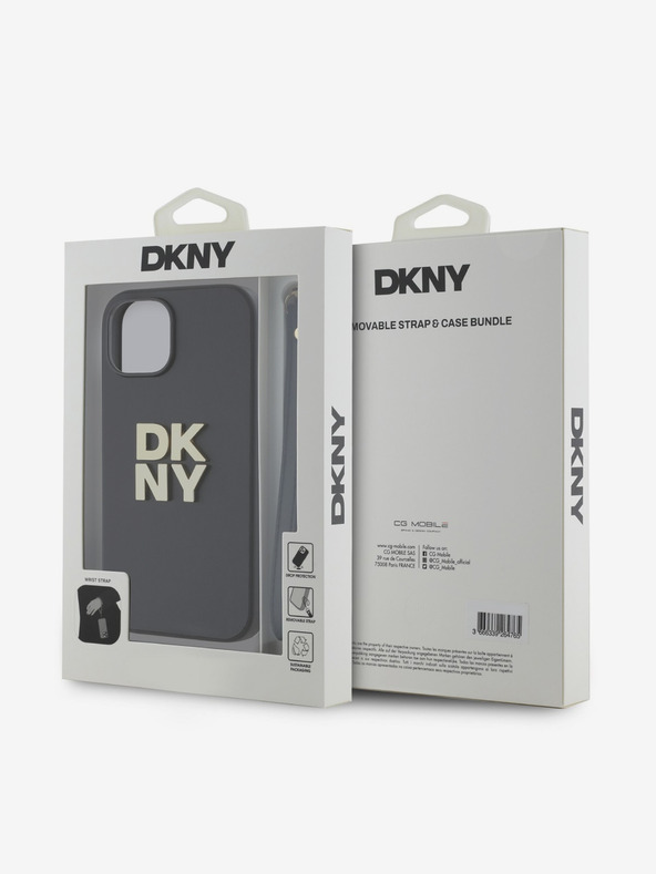 DKNY PU Leather Stack Logo Wrist Strap Zadní Kryt pro iPhone 14 Black DKNY