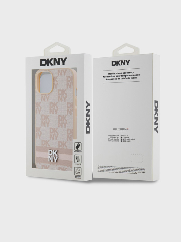 DKNY PU Leather Checkered Pattern and Stripe Zadní Kryt pro iPhone 15 Pink DKNY