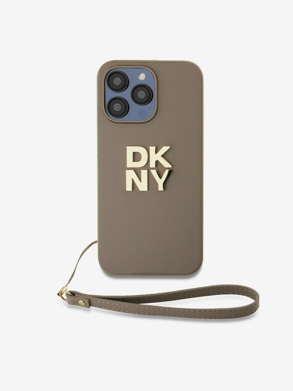 DKNY PU Leather Stack Logo Wrist Strap Zadní Kryt pro iPhone 14 Pro Max Beige DKNY