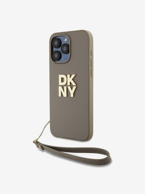 DKNY PU Leather Stack Logo Wrist Strap Zadní Kryt pro iPhone 14 Pro Max Beige DKNY