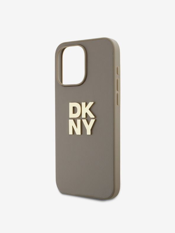 DKNY PU Leather Stack Logo Wrist Strap Zadní Kryt pro iPhone 14 Pro Max Beige DKNY