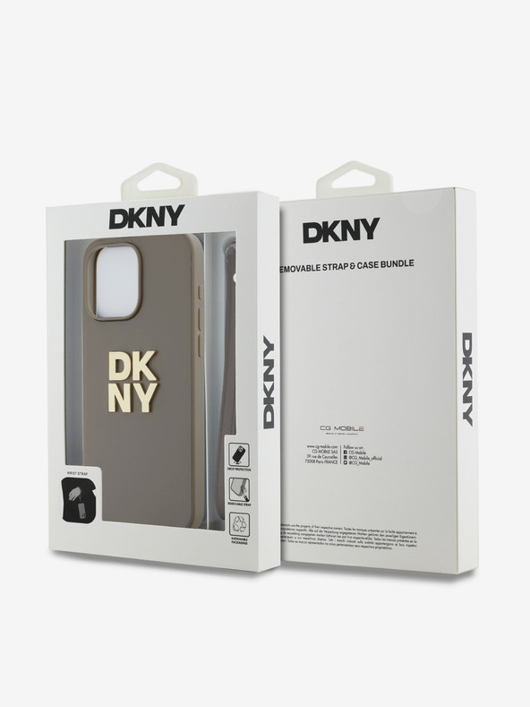 DKNY PU Leather Stack Logo Wrist Strap Zadní Kryt pro iPhone 14 Pro Max Beige DKNY