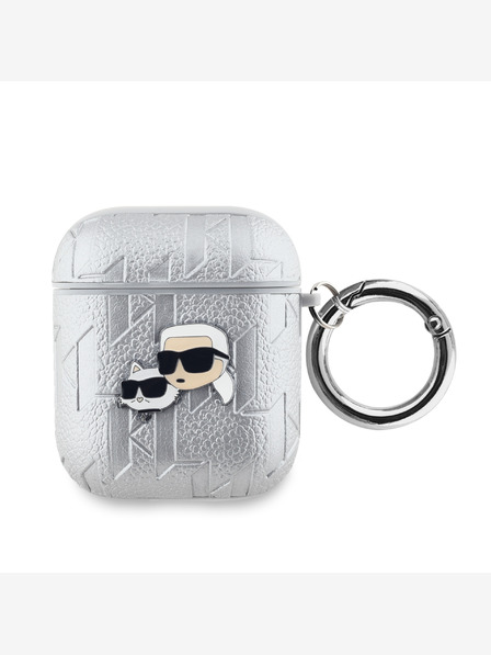 Karl Lagerfeld PU Embossed Karl and Choupette Heads Pouzdro pro AirPods 1/2 Silver Karl Lagerfeld