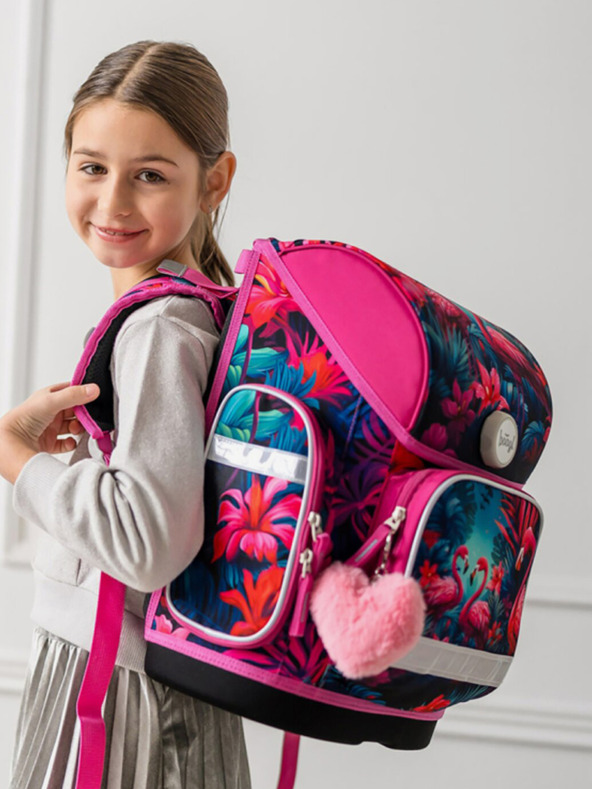 BAAGL  Růžový školský set Ergo - aktovka, peračník, sáčok Baagl Plameňáci