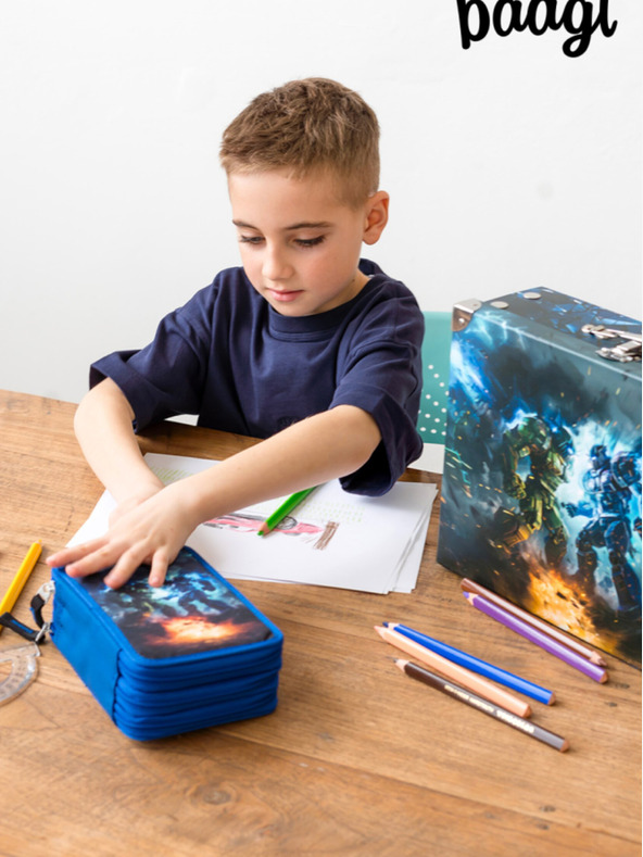 BAAGL  Modrý školní penál třípatrový Baagl Roboti