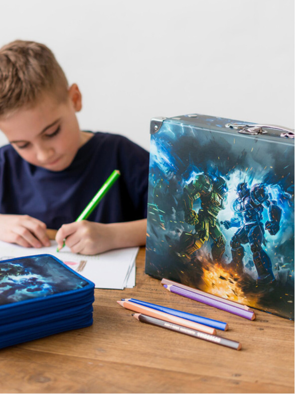 BAAGL  Modrý školní penál třípatrový Baagl Roboti