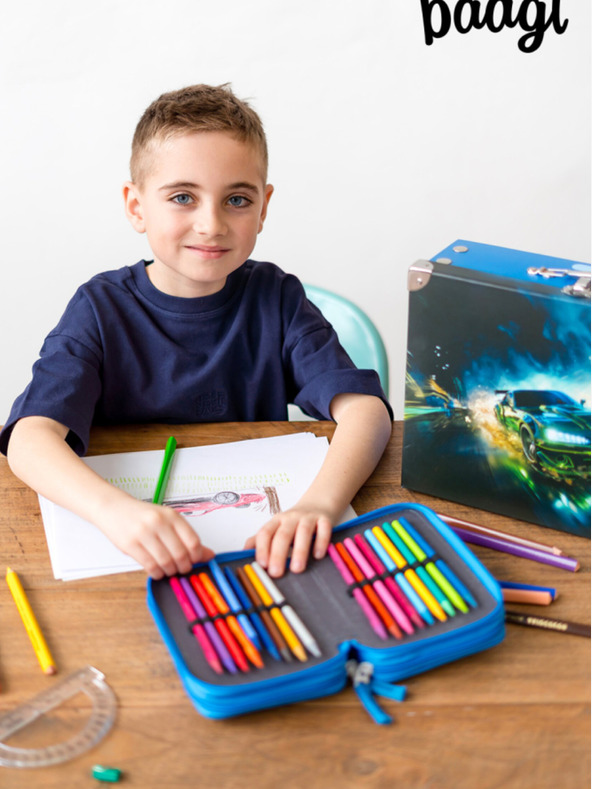 BAAGL  Modrý školní penál třípatrový Baagl Závodní Auto