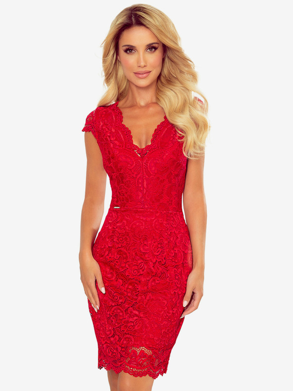 numoco Krajkové šaty s výstřihem - červené Numoco