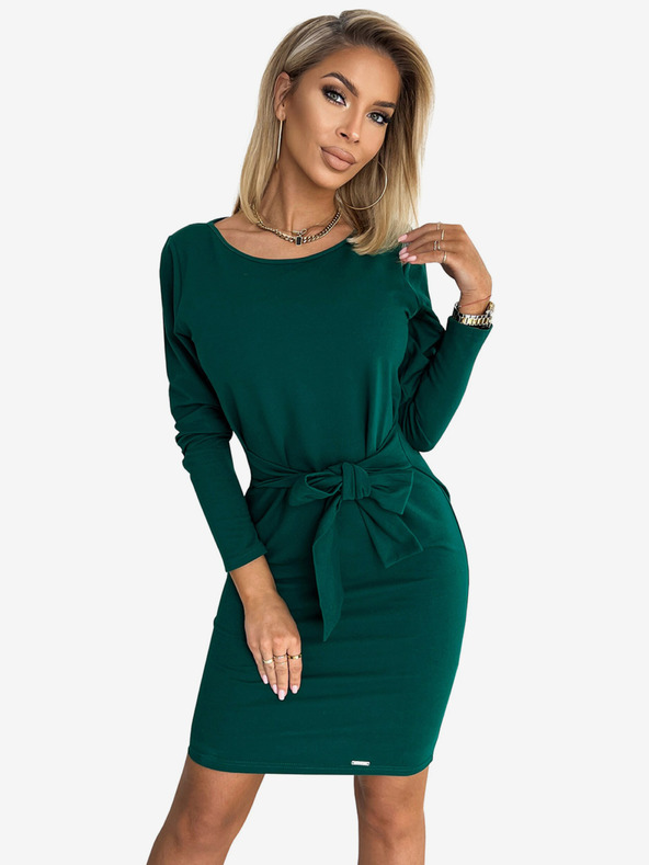 numoco Šaty s dlouhým rukávem a zavazováním v pase - zelené Numoco