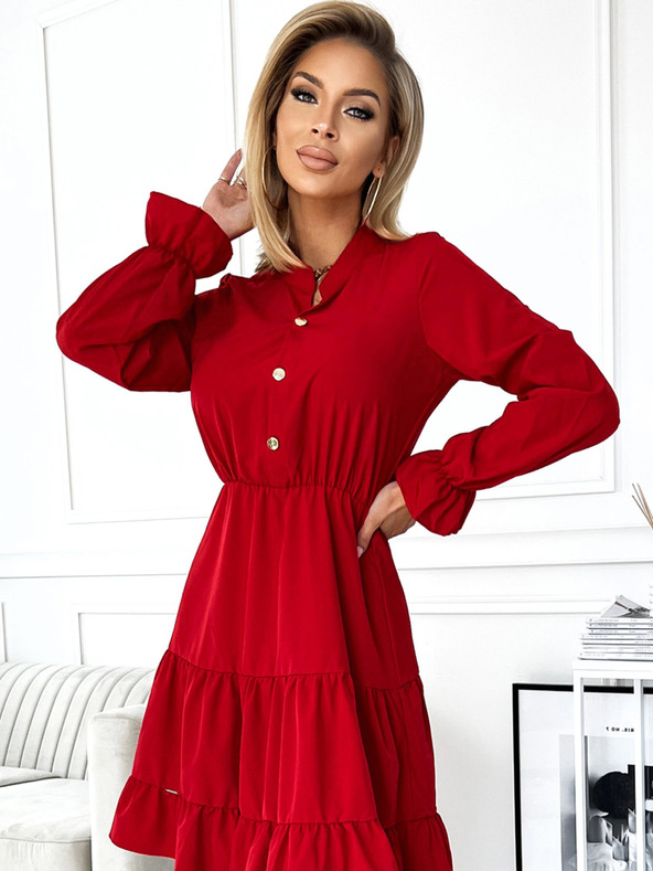 numoco Šaty s výstřihem a zlatými knoflíky - červené Numoco