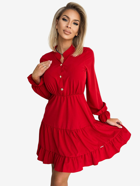 numoco Šaty s výstřihem a zlatými knoflíky - červené Numoco