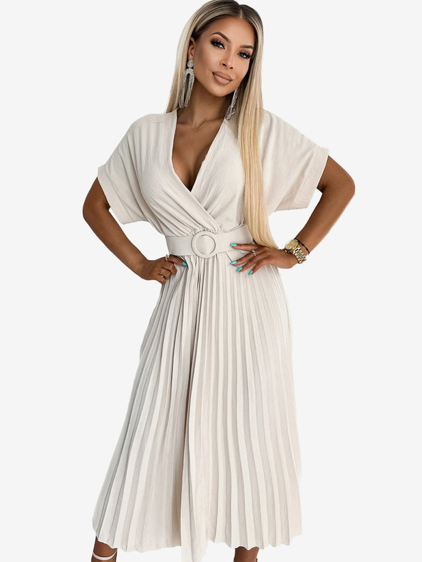 numoco FELICIA Plisované midi šaty s výstřihem a širokým páskem - béžové Numoco