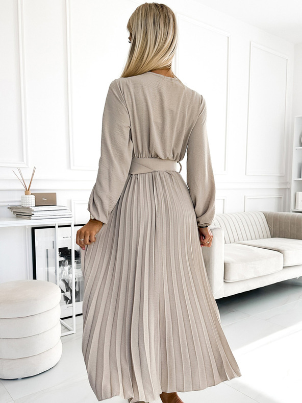 numoco VIVIANA Plisované midi šaty s výstřihem, dlouhým rukávem a širokým páskem - béžová barva Numoco