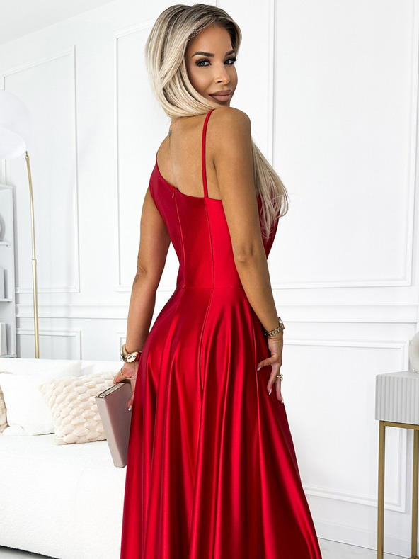numoco Dlouhé elegantní saténové šaty na jedno rameno - červené Numoco