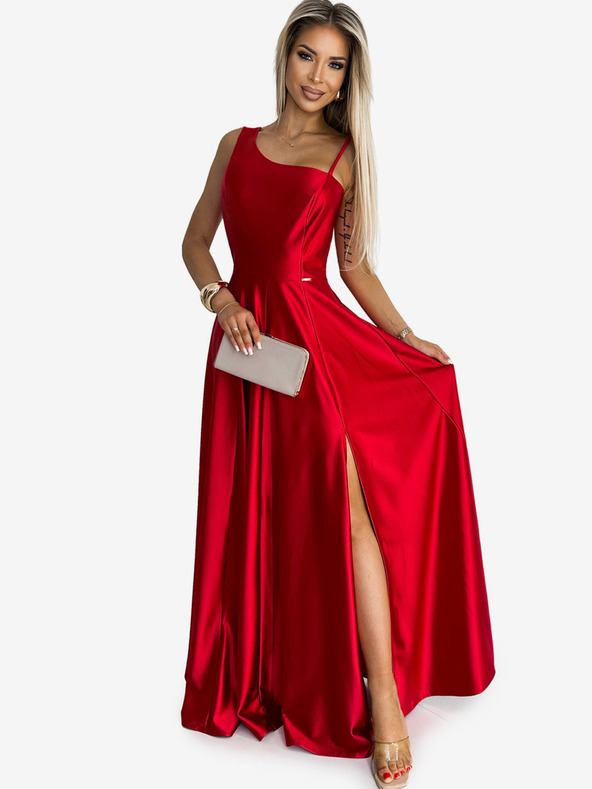numoco Dlouhé elegantní saténové šaty na jedno rameno - červené Numoco