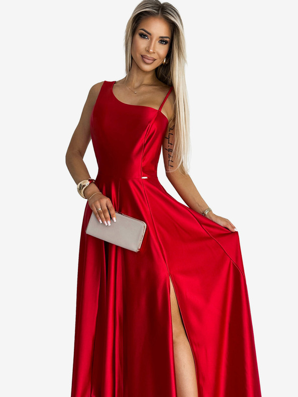 numoco Dlouhé elegantní saténové šaty na jedno rameno - červené Numoco