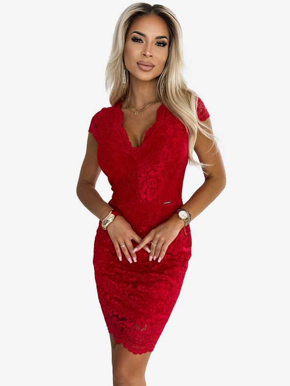 numoco Krajkové šaty s krátkým rukávem a výstřihem - červené Numoco