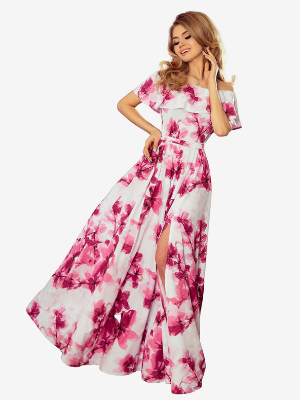 numoco Dlouhé šaty s volánky - velké růžové květy Numoco