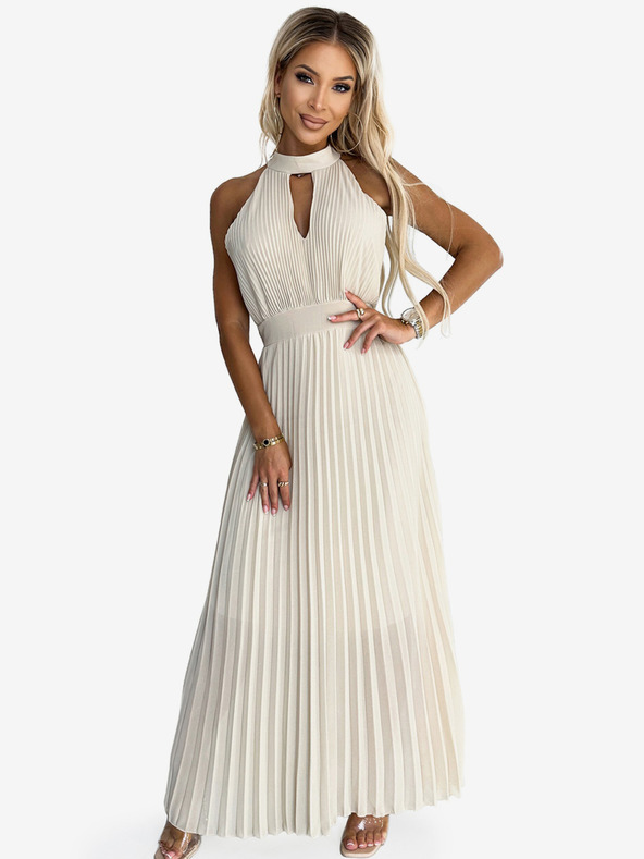 numoco Plisované midi šaty s kapkovým výstřihem - béžové Numoco