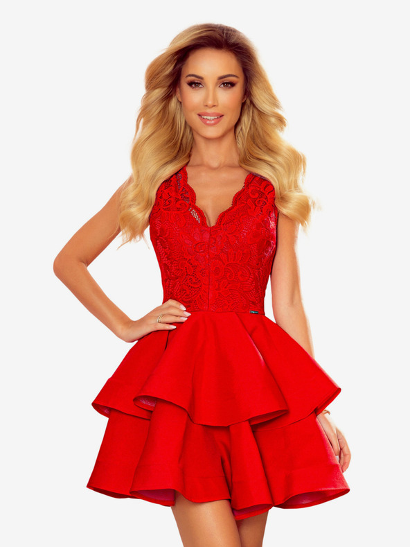 numoco Exkluzivní šaty s krajkou výstřihem - červená Numoco