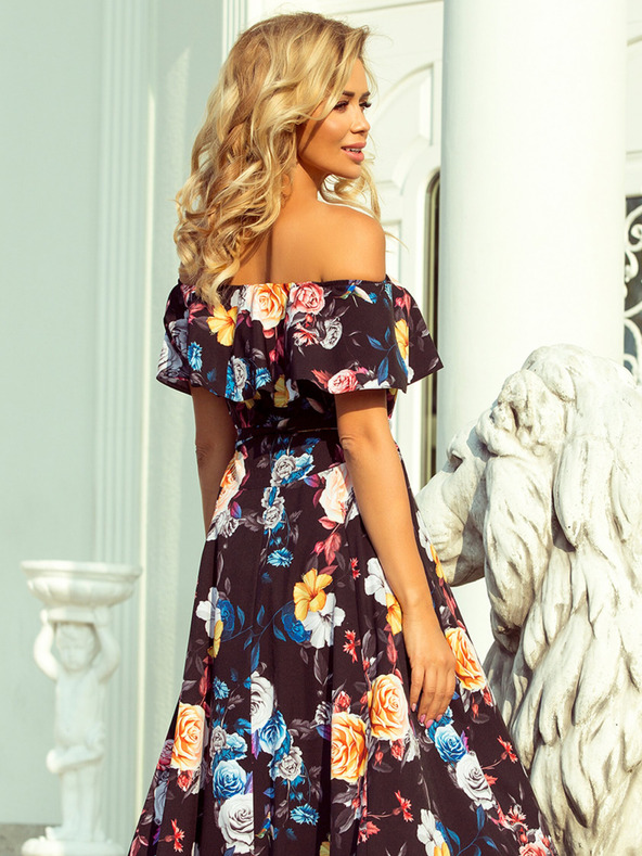 numoco Dlouhé šaty s volánky - černá + barevné květiny Numoco